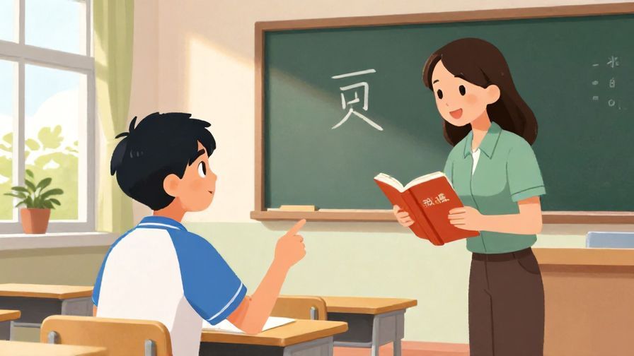 Illustration of a student pointing at a kanji in a textbook while asking a teacher, classroom with natural light, vibrant colors, illustrated style