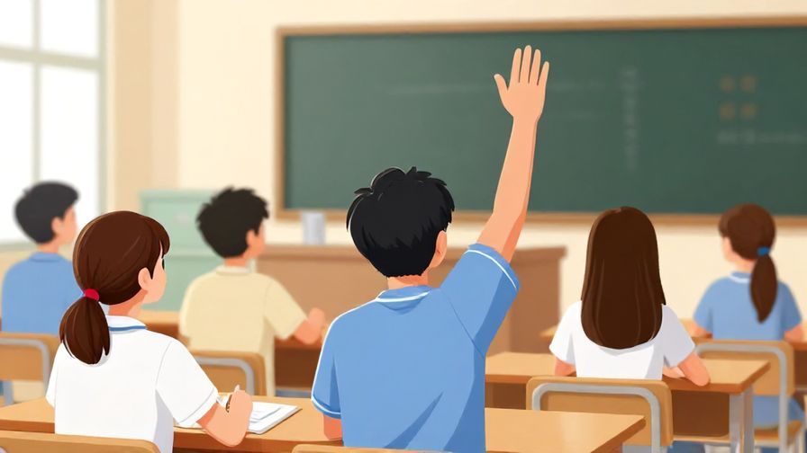 Illustration of a student raising hand eagerly in a classroom, bright colors, educational setting