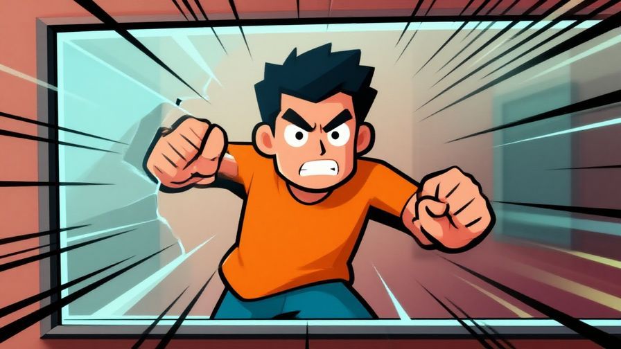 Illustration of a stylized character breaking a glass wall or barrier with a determined expression, vibrant colors and dynamic action lines