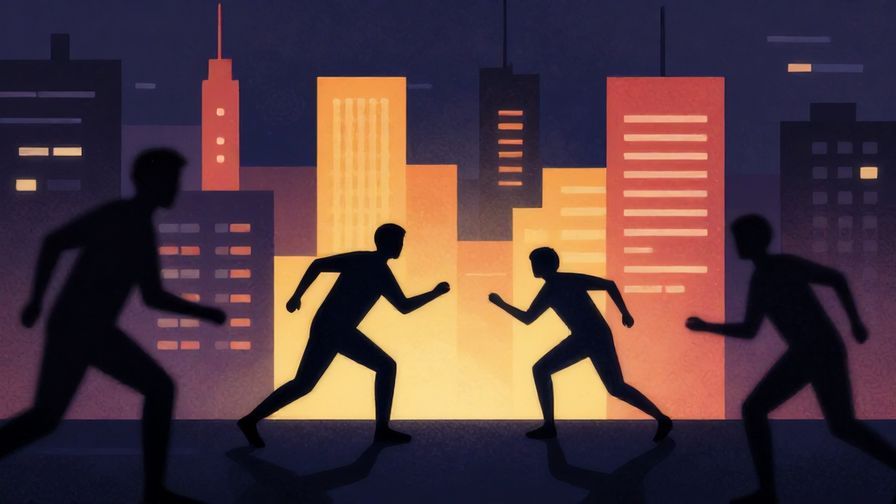 Illustration of a stylized city with shadowy figures competing, dramatic lighting, urban colors