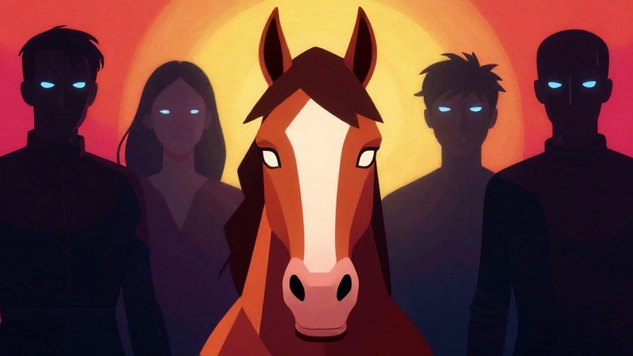 Illustration of a stylized horse with sharp eyes, surrounded by shadowy figures eyeing it, intense atmosphere, vibrant colors