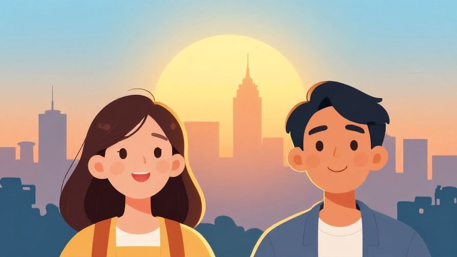 Illustration of a sunrise over a city skyline, two people looking ahead with hopeful expressions, bright and optimistic colors