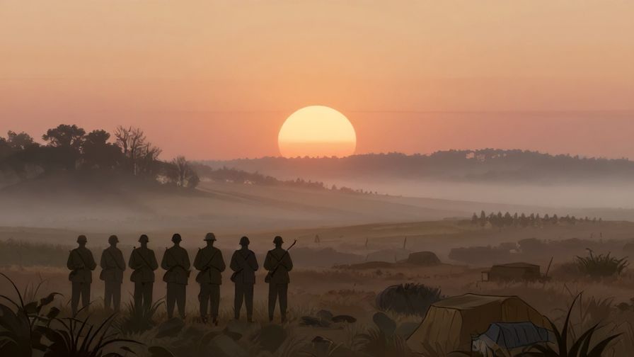 Illustration of a sunrise over a misty battlefield, calm yet tense atmosphere, with soldiers preparing quietly