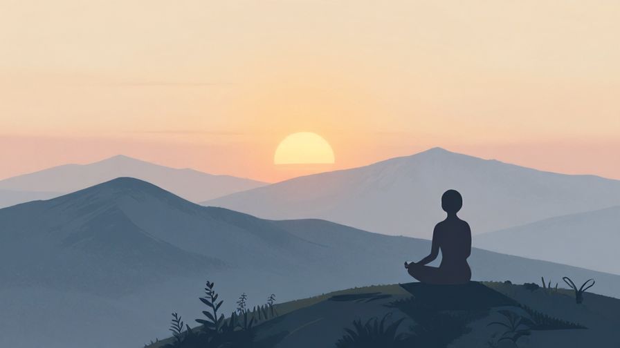 Illustration of a sunrise over mountains with a peaceful person meditating, symbolizing acceptance of natural change, soft colors, illustrated style