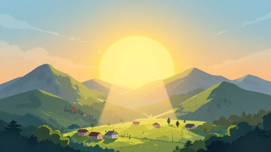 Illustration of a sunrise with rays spreading over mountains and a peaceful village, symbolic and hopeful mood