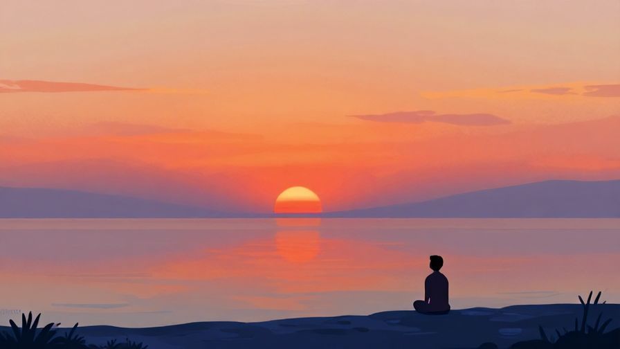 Illustration of a sunset fading softly over a calm sea, with a person looking peacefully toward the horizon, vibrant colors, illustrated style