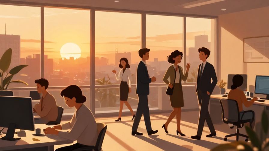 Illustration of a sunset office scene with coworkers leaving, exchanging smiles and bows, warm lighting, illustrated style