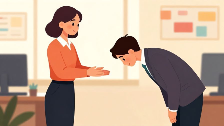 Illustration of a supervisor thanking a team member with a respectful bow, office background, warm lighting, vibrant colors