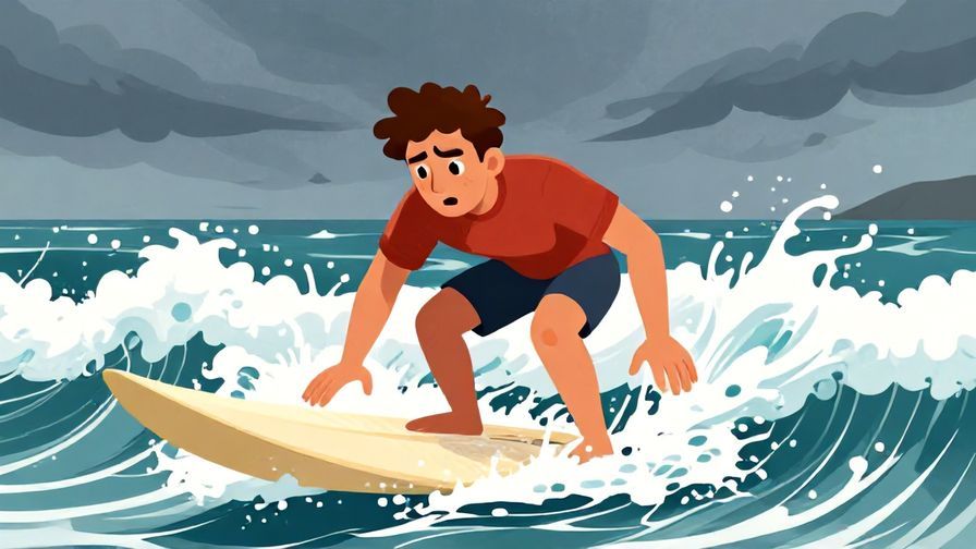 Illustration of a surfer struggling with rough, choppy waves, looking determined but overwhelmed, ocean background with stormy skies