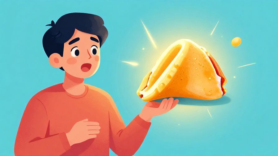 Illustration of a surprised and happy person looking at a fortune cookie breaking open with glowing light, vibrant colors