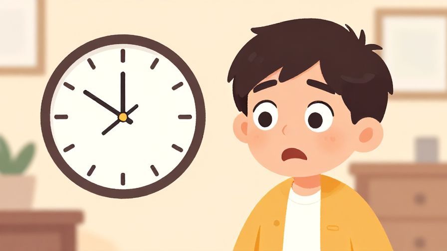 Illustration of a surprised character looking at a clock, with eyes wide open, warm colors, and a casual home background