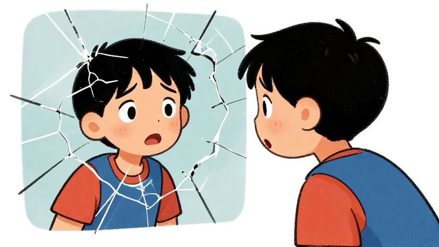 Illustration of a surprised character looking at their reflection cracked like a mirror, bright colors, expressive style