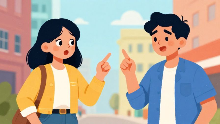 Illustration of a surprised character pointing at a mischievous friend, colorful urban background, playful style