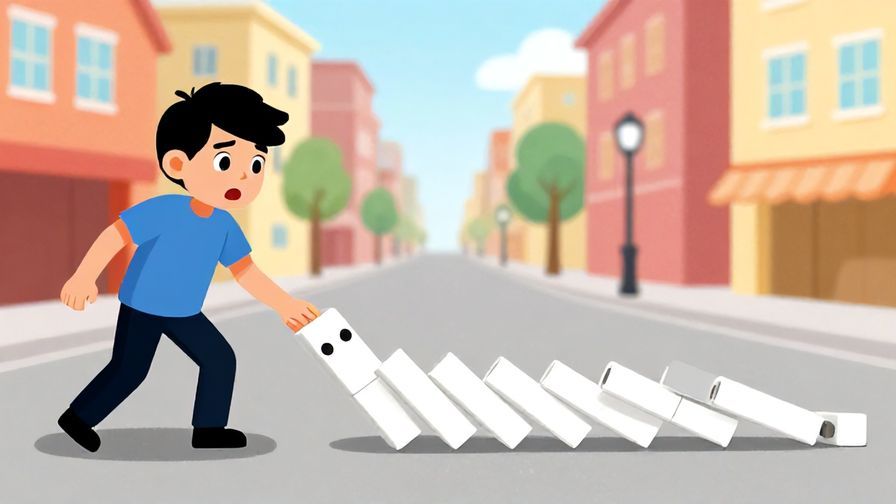 Illustration of a surprised character watching a falling domino effect, colorful urban street background