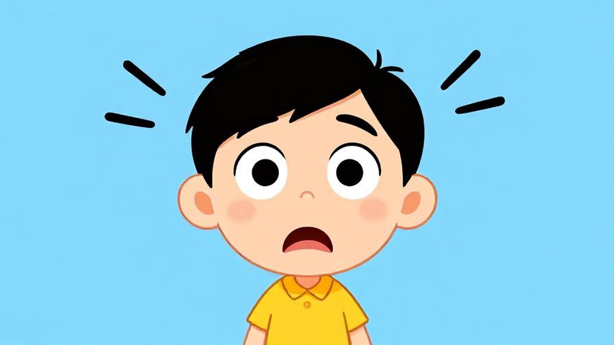 Illustration of a surprised character with wide eyes and a tilted head, showing a simple sound of confusion, bright and clear colors