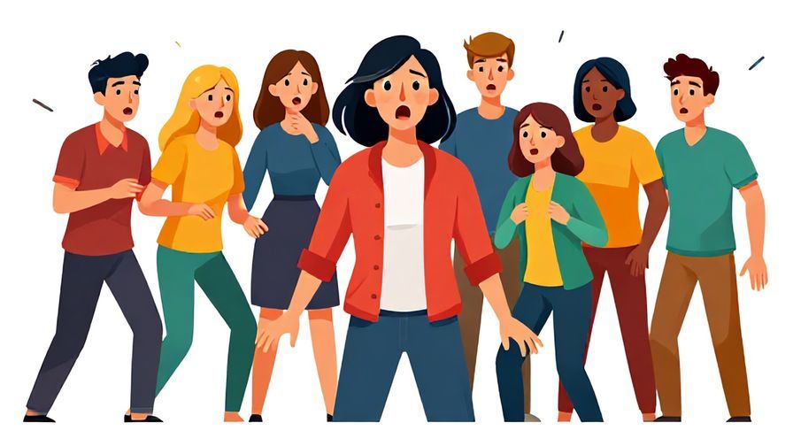 Illustration of a surprised group of people watching something shocking unfold, vivid colors, dynamic composition