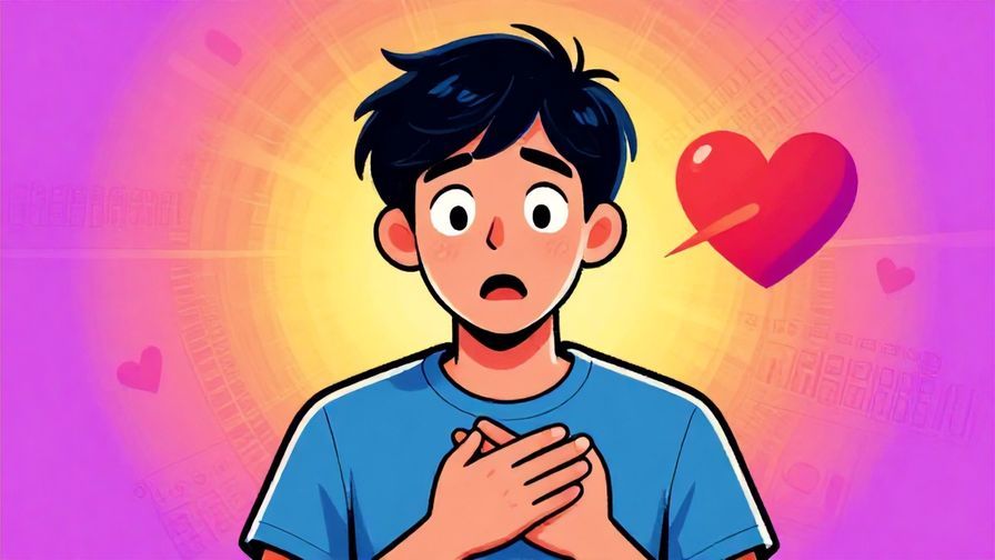 Illustration of a surprised person clutching their chest with wide eyes, heart symbol in background nearly stopping, vibrant colors, illustrated style