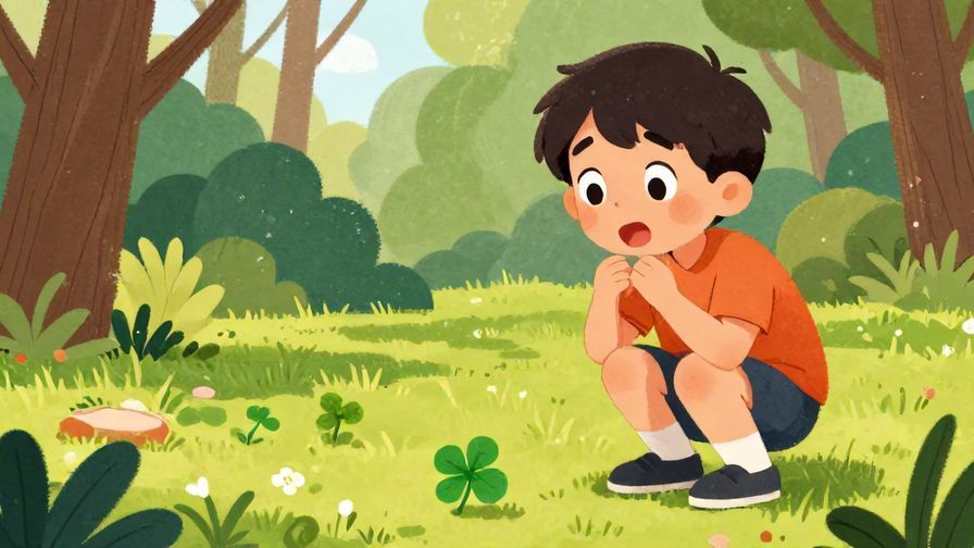 Illustration of a surprised person finding a four-leaf clover on the ground with joyful expression, detailed background, vibrant colors, illustrated style