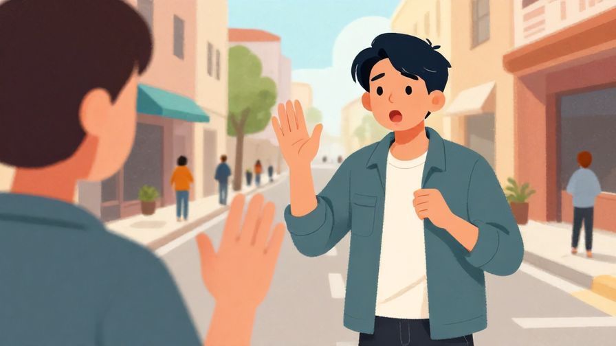 Illustration of a surprised person holding up a hand as if to stop someone from speaking, casual street scene, lively colors, illustrated style