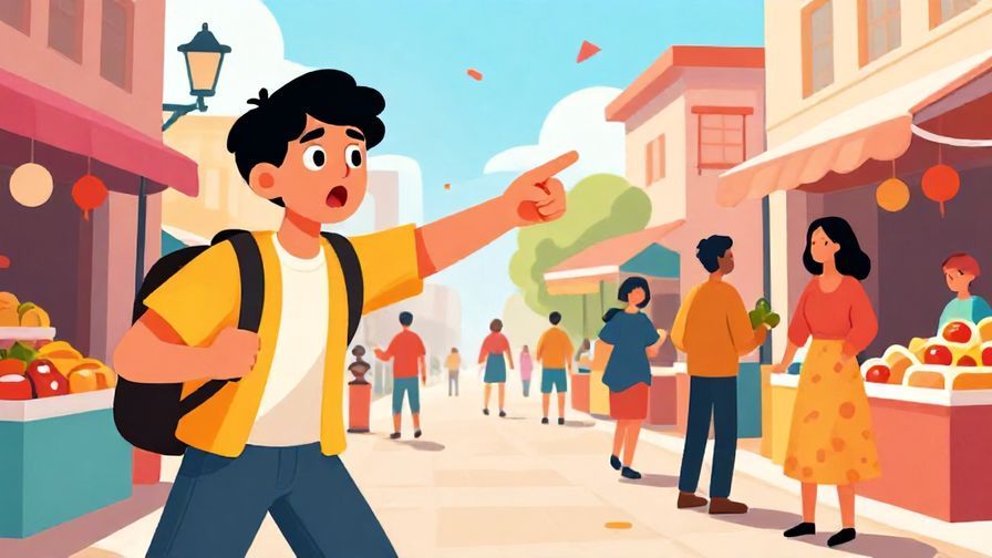 Illustration of a surprised person pointing excitedly at a friend who just entered a lively street market, colorful and dynamic