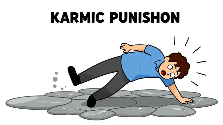 Illustration of a surprised person slipping on a wet stone, symbolizing instant karmic punishment, lively and humorous colors