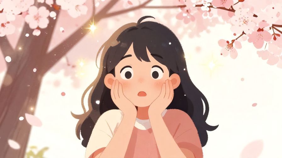 Illustration of a surprised person with wide eyes and hands on cheeks, surrounded by sparkling light and cherry blossoms gently falling