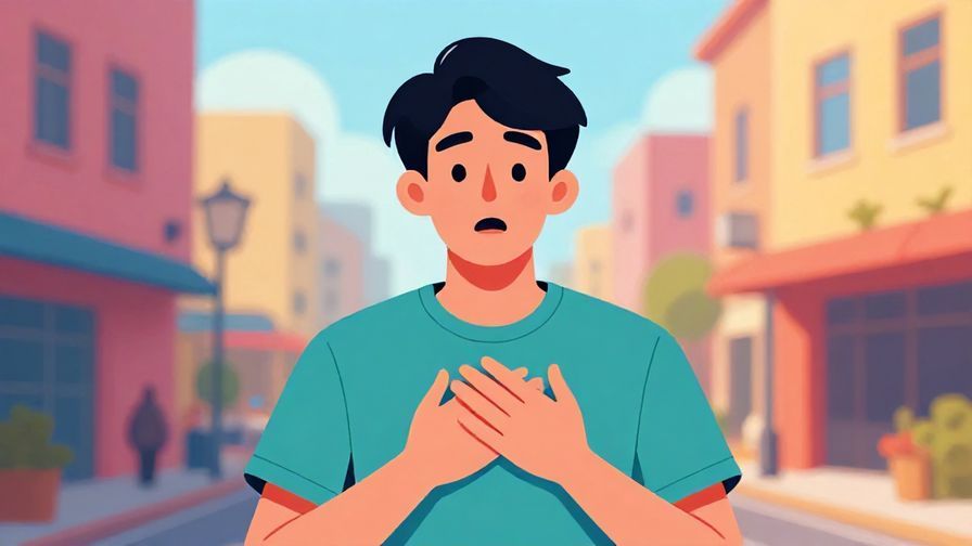 Illustration of a surprised young man with hands on chest, casual urban background, vibrant colors