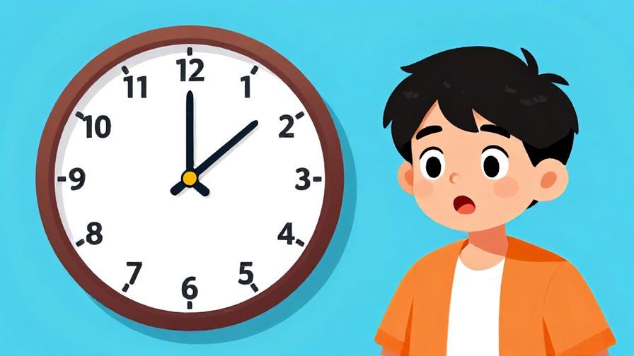 Illustration of a surprised young person looking at an empty clock or timer, bright colors, playful style
