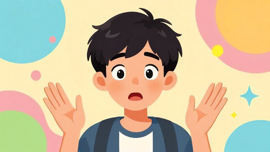 Illustration of a surprised young person with wide eyes, hands raised in disbelief, colorful and playful background