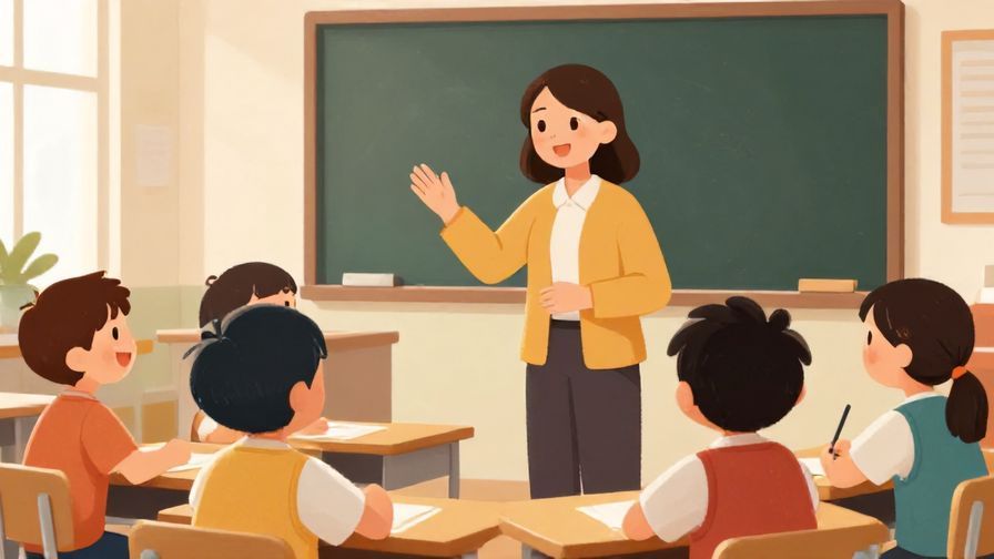 Illustration of a teacher helping a group of children in a classroom, warm and encouraging environment