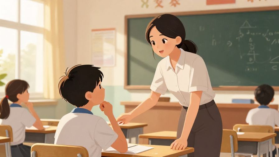 Illustration of a teacher kindly encouraging a student to think, classroom with warm sunlight, illustrated style