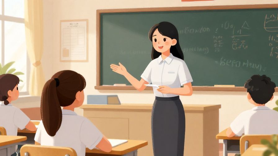 Illustration of a teacher kindly explaining something to a student in a bright classroom, warm colors, detailed background