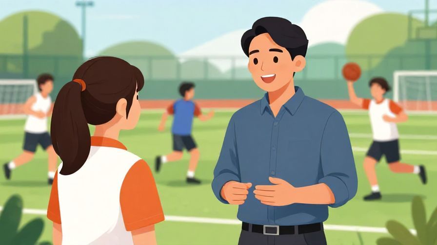 Illustration of a teacher or coach smiling proudly at a student or athlete, energetic sports field background