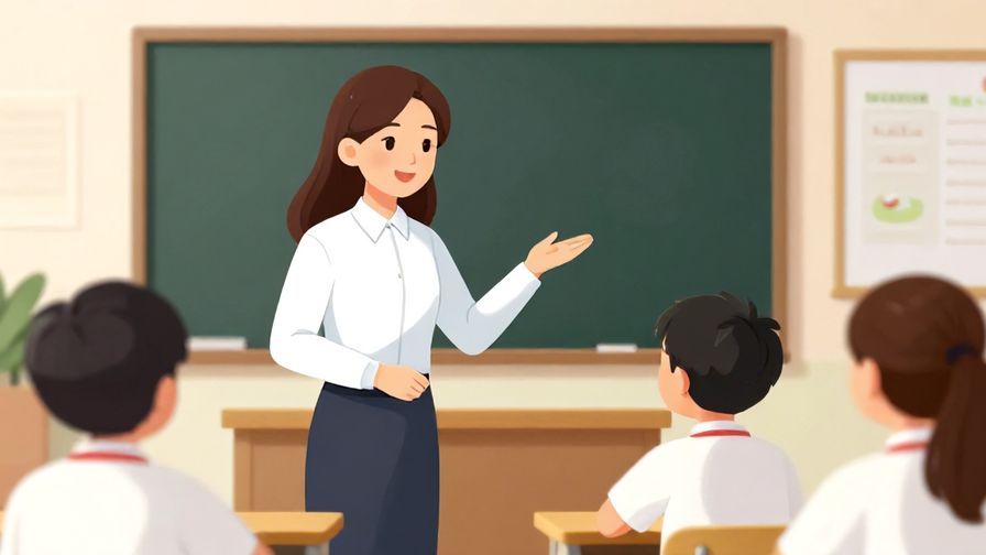 Illustration of a teacher smiling gently while ignoring a small mistake by a student, classroom background