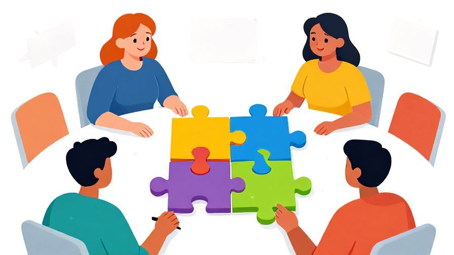 Illustration of a team brainstorming with flexible puzzle pieces fitting together, vibrant and collaborative