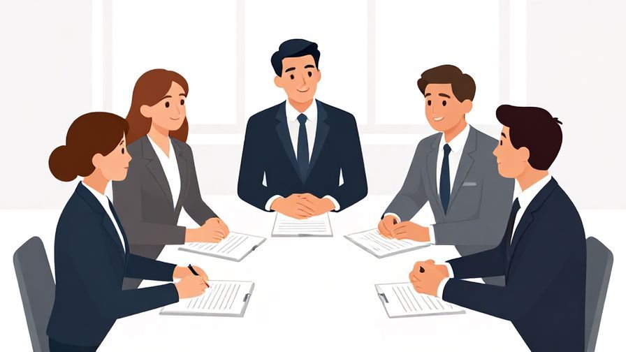 Illustration of a team discussing a plan around a table with documents, formal business atmosphere