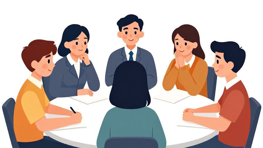 Illustration of a team gathered around a table, nodding and smiling after a successful collaboration