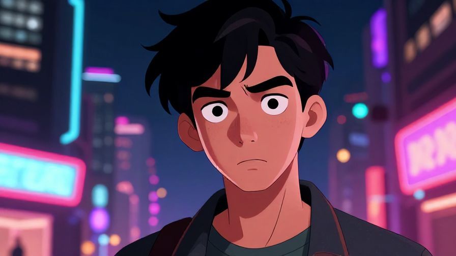 Illustration of a teenage character with an intense expression, neon city lights background