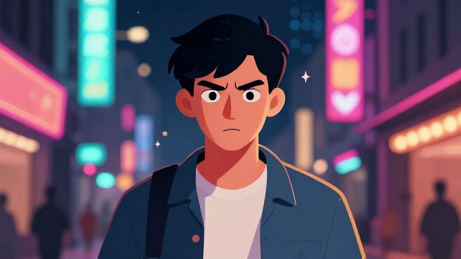 Illustration of a teenager giving a serious warning with intense expression, urban night scene with neon lights, vibrant colors, illustrated style