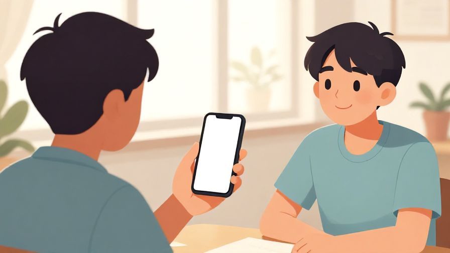Illustration of a teenager showing a phone screen to a friend, casual and bright atmosphere