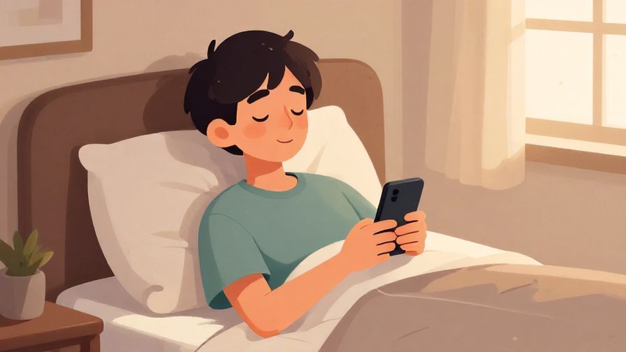 Illustration of a teenager texting on their phone with a sleepy smile, cozy bedroom morning, casual vibe