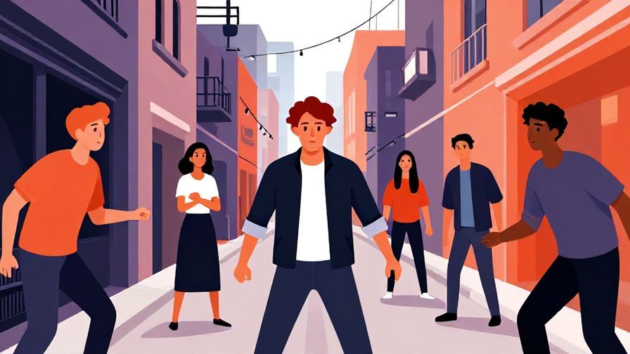 Illustration of a tense city alley with people looking suspicious and competitive, intense colors