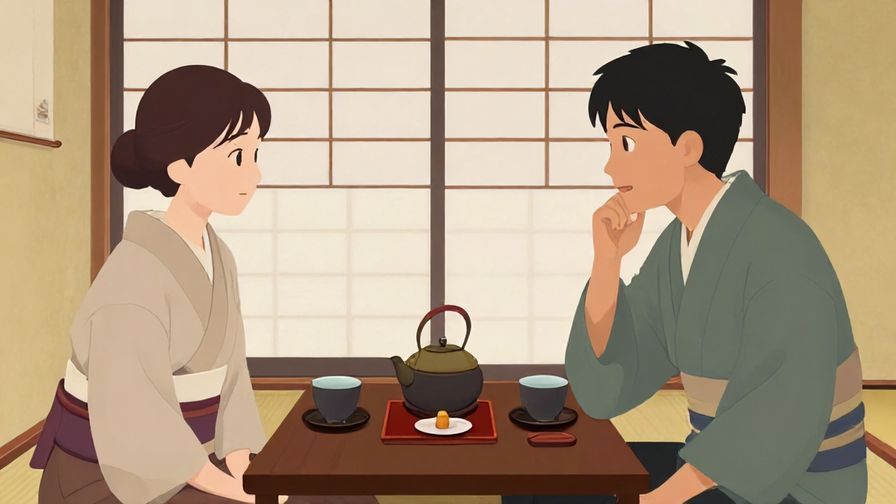 Illustration of a thoughtful conversation between two adults in a tea room, gentle expressions, traditional Japanese interior