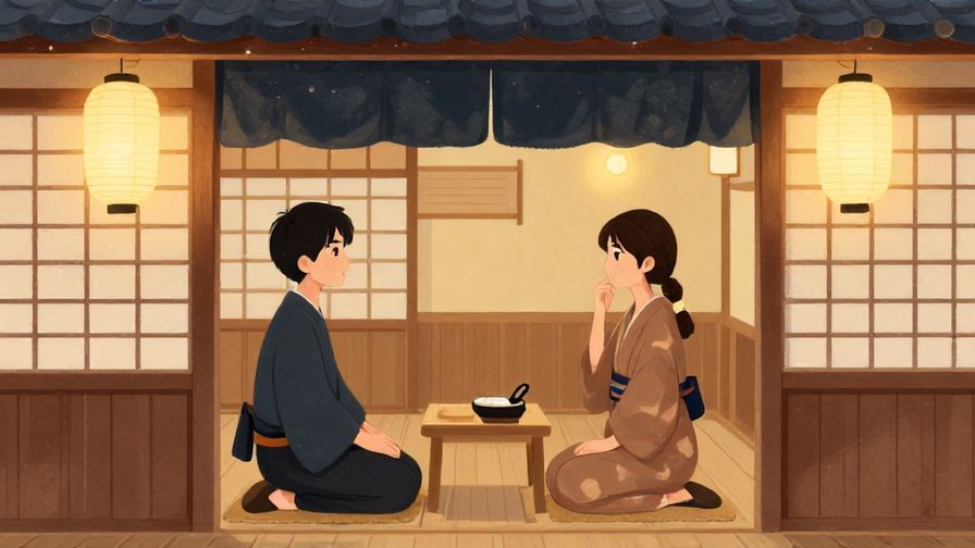 Illustration of a thoughtful customer asking politely at a traditional Japanese shop with wooden interiors and soft lantern lighting