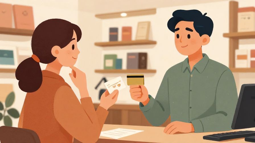 Illustration of a thoughtful person asking a cashier a question while holding a card, with a warm and detailed store background