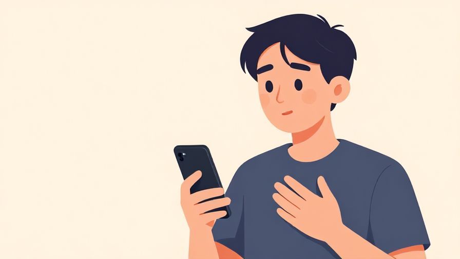 Illustration of a thoughtful person holding a phone near their chest with a hopeful expression, soft pastel background