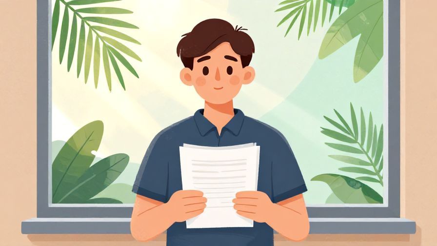 Illustration of a thoughtful person holding documents, standing in front of a window with sun rays and palm leaves outside