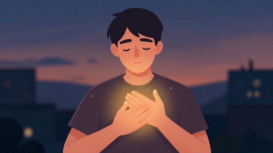 Illustration of a thoughtful person holding their heart, with a calm evening background and soft glowing lights