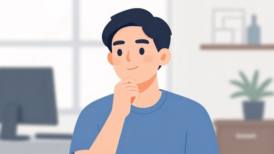 Illustration of a thoughtful person holding their chin, soft background with office details