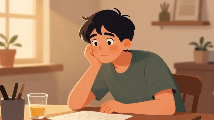 Illustration of a thoughtful person leaning on a table, looking curious and inviting response, cozy indoor setting